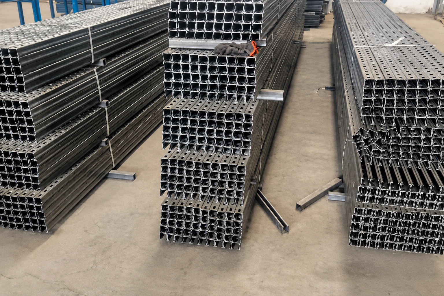 Bundles of punched galvanised C-section strut channel standing upright in rows on the factory floor