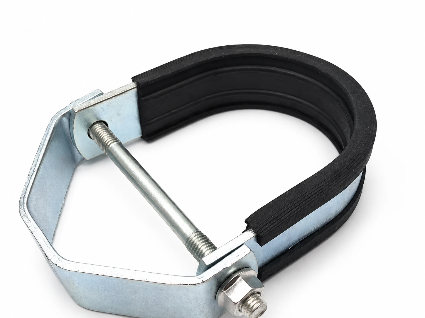 Galvanised pipe clamp with a thick black rubber lining held closed by a threaded rod and nut