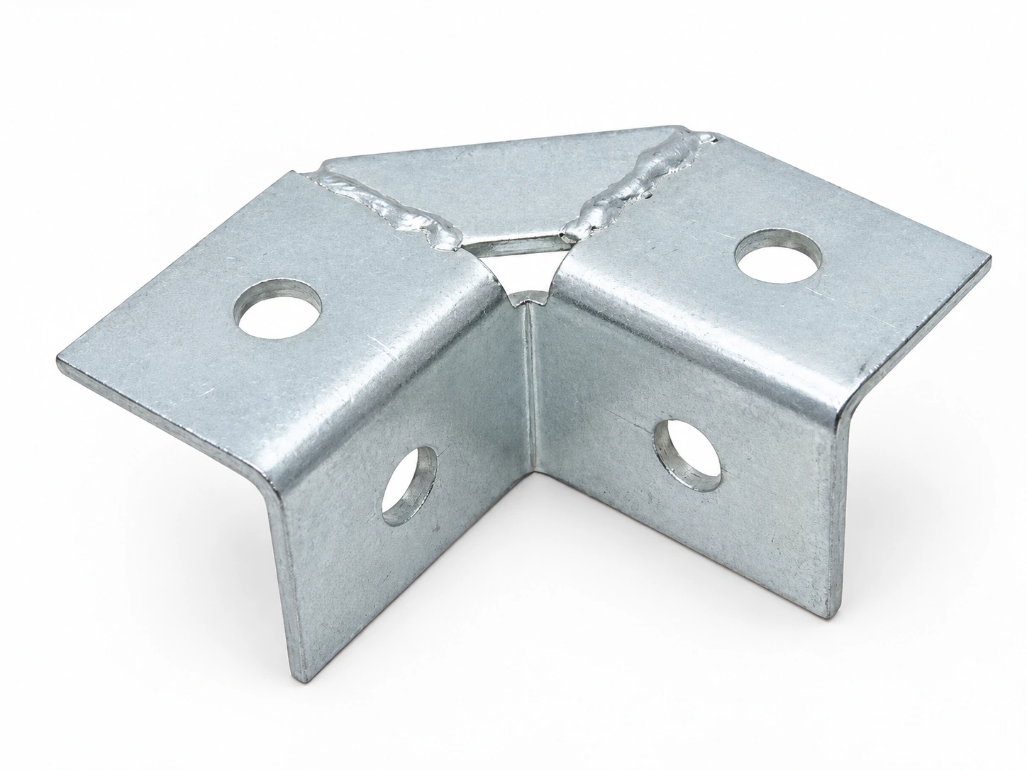 Welded galvanised corner bracket made from two angle sections with four bolt holes and a visible weld bead