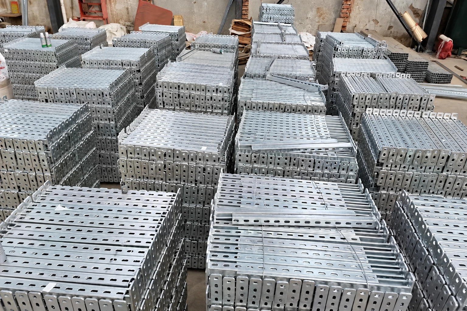 Bundled stacks of galvanised perforated brackets laid out across the factory yard