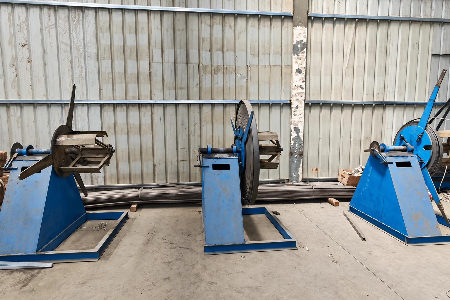 Three blue decoiler stands holding coils of steel strip in a row