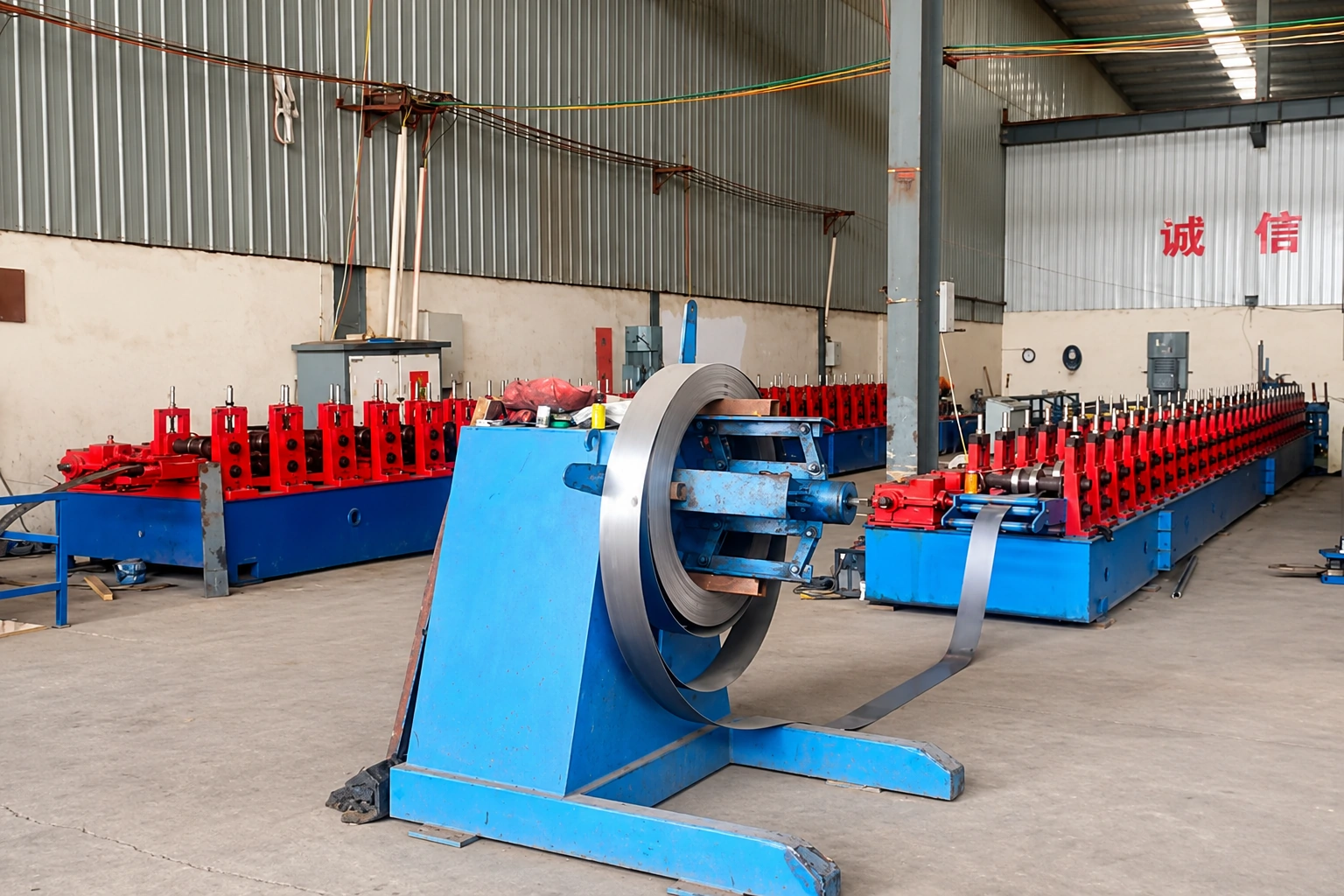 Two roll-forming lines with red roller stands and steel coils in a tall workshop bay