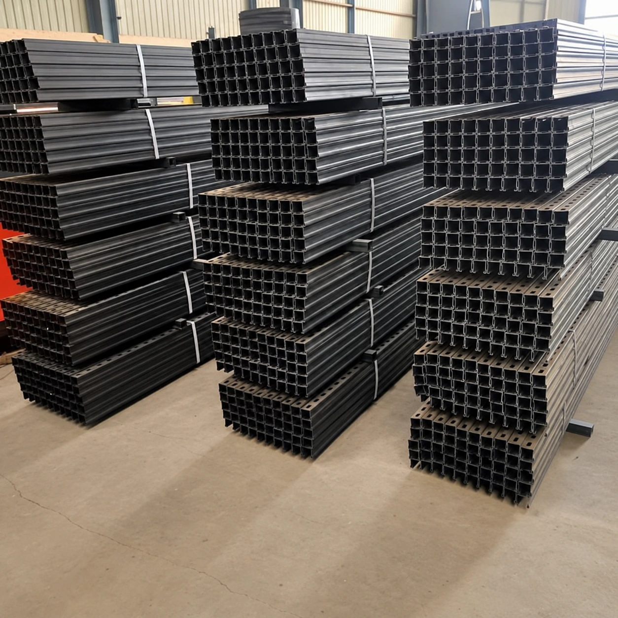 Banded bundles of dark perforated steel C-channel strut profiles stacked in rows