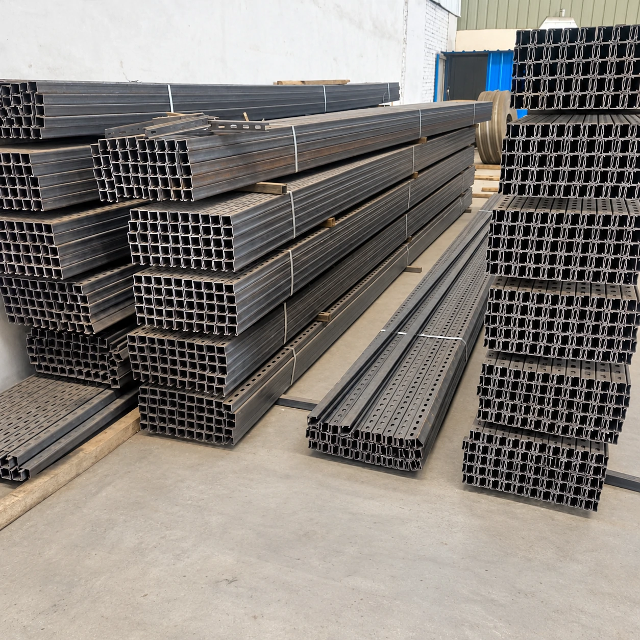 Bundles of hot-dip galvanised strut channel stacked on timber bearers in the workshop