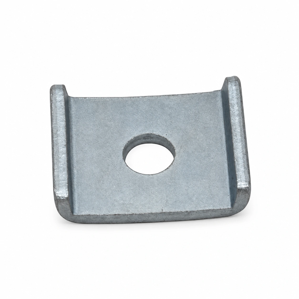 Single press-formed galvanised steel plate fitting with two upturned lips and a centre hole