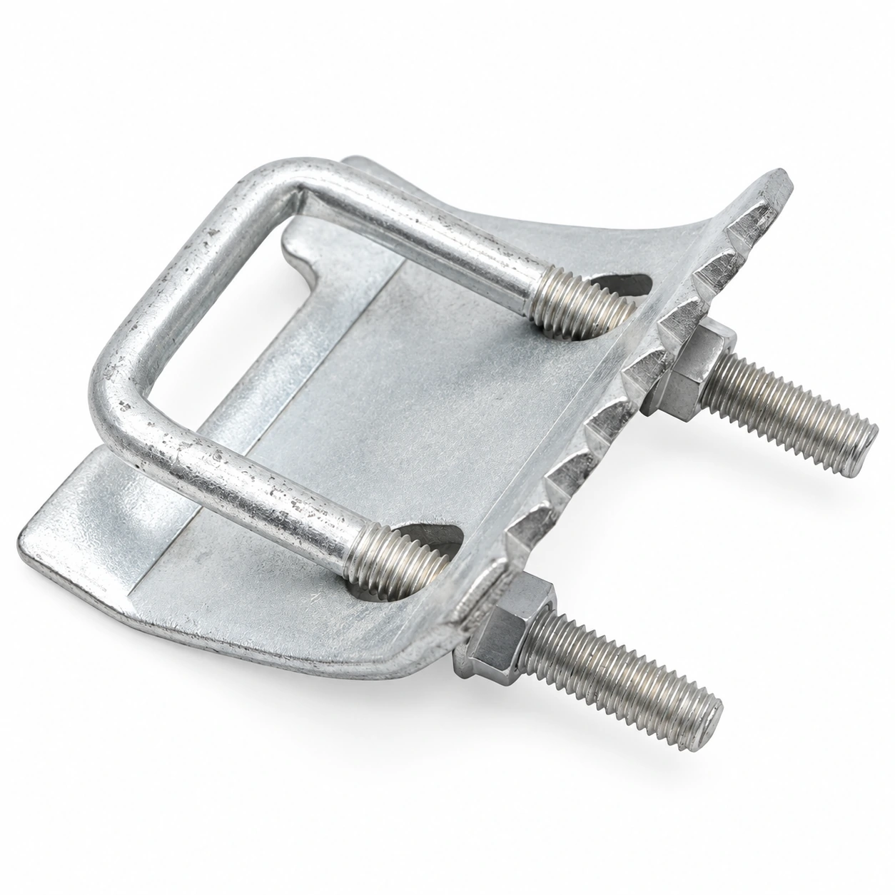 Galvanised U-bolt pipe clamp with a toothed saddle plate and two hex nuts