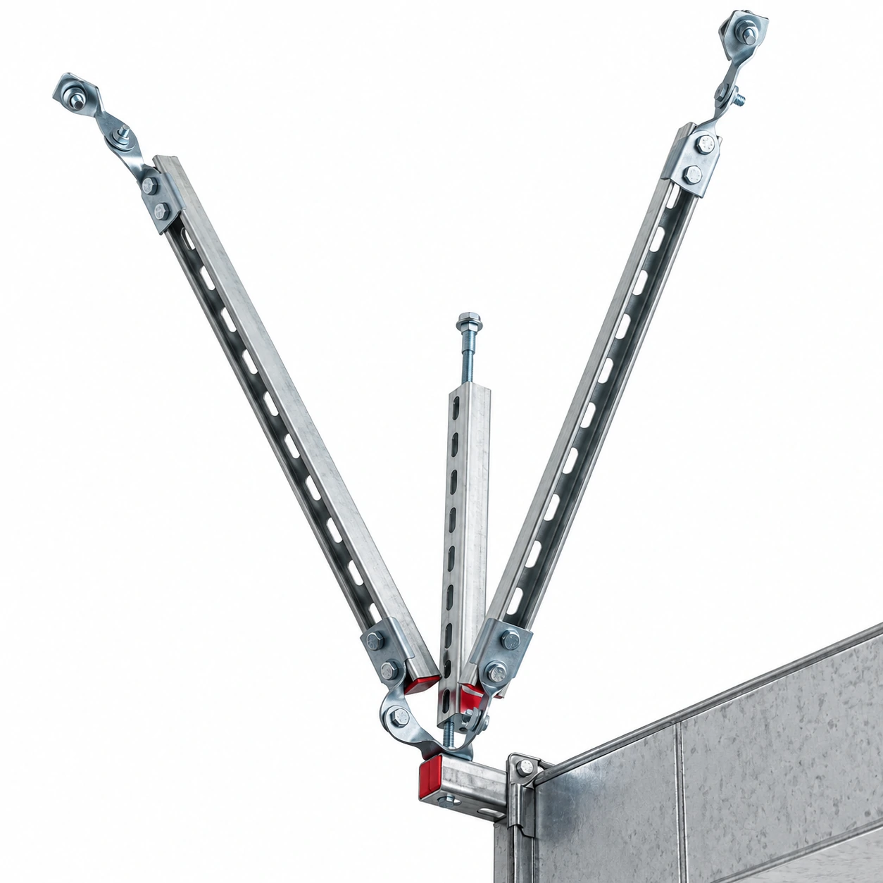 Retouched seismic duct brace and its source-visible duct connection on white