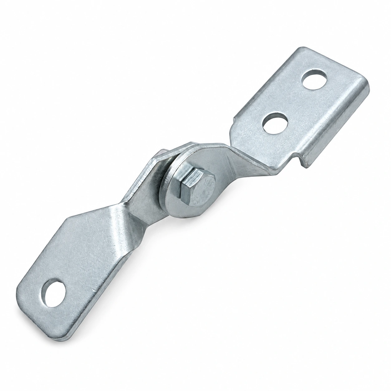 Galvanized hinged connector with three mounting holes on white