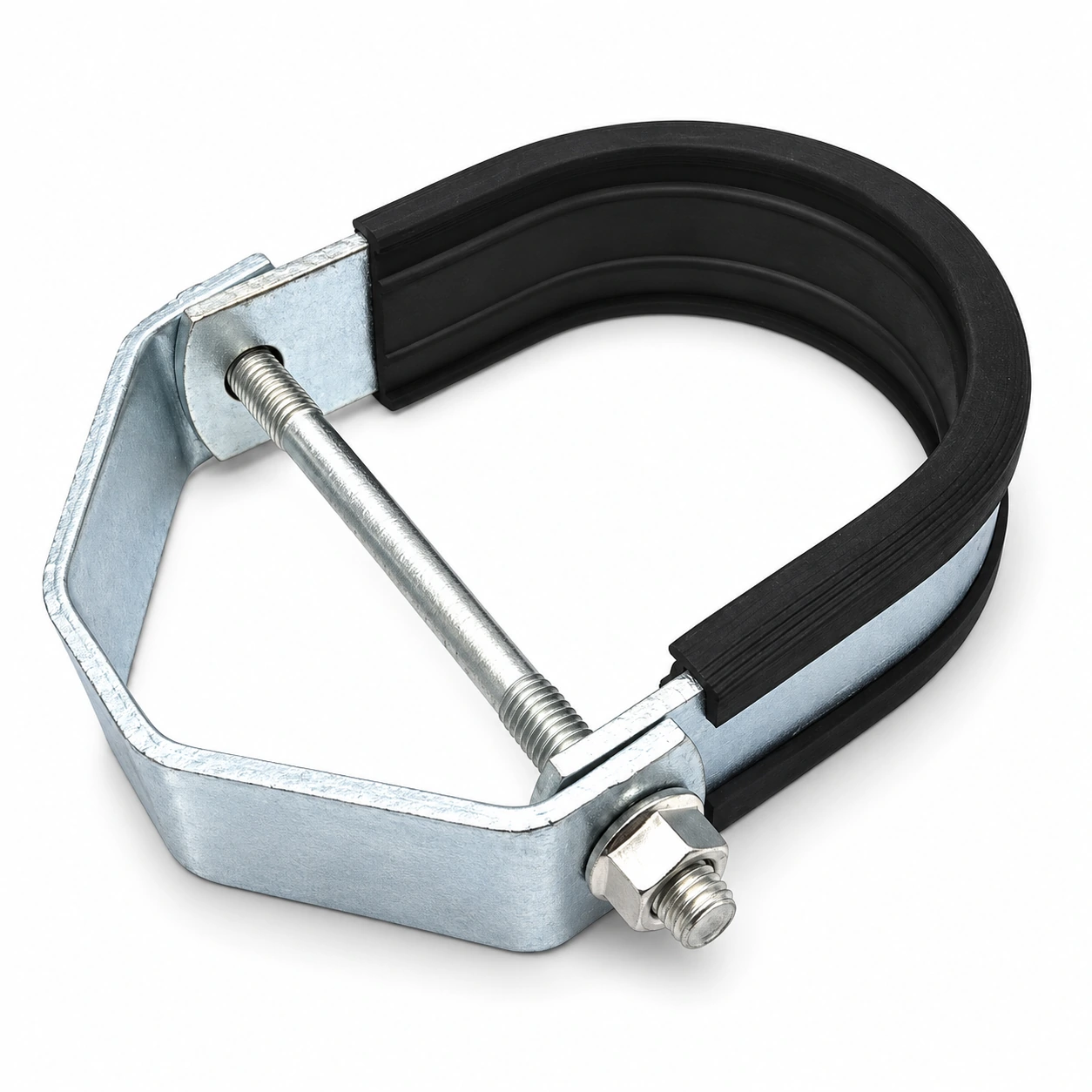 Black rubber-lined galvanized pipe clamp on white