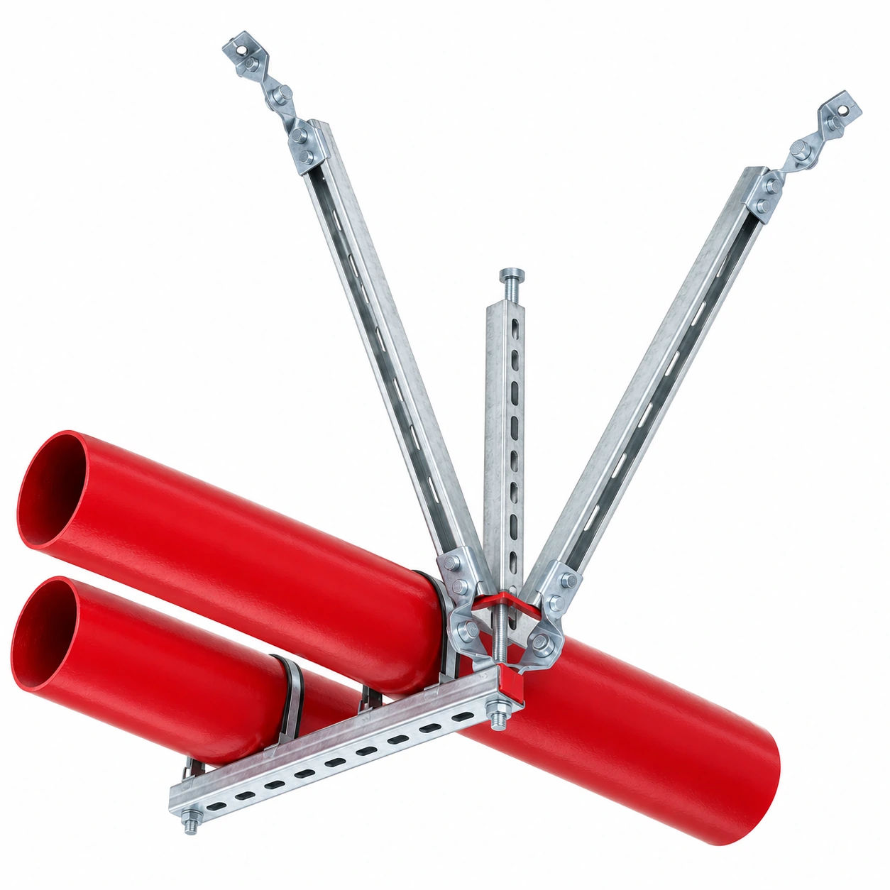 Retouched pipe brace assembly with two red pipe sections on white