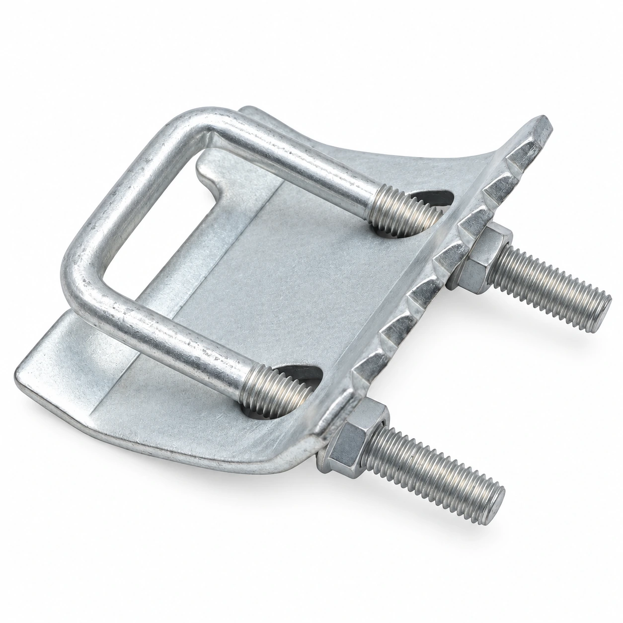 Galvanized square U-bolt and saddle pipe clamp on white