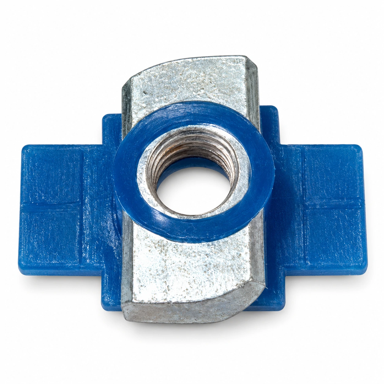 Blue plastic-wing channel nut with threaded metal bore on white